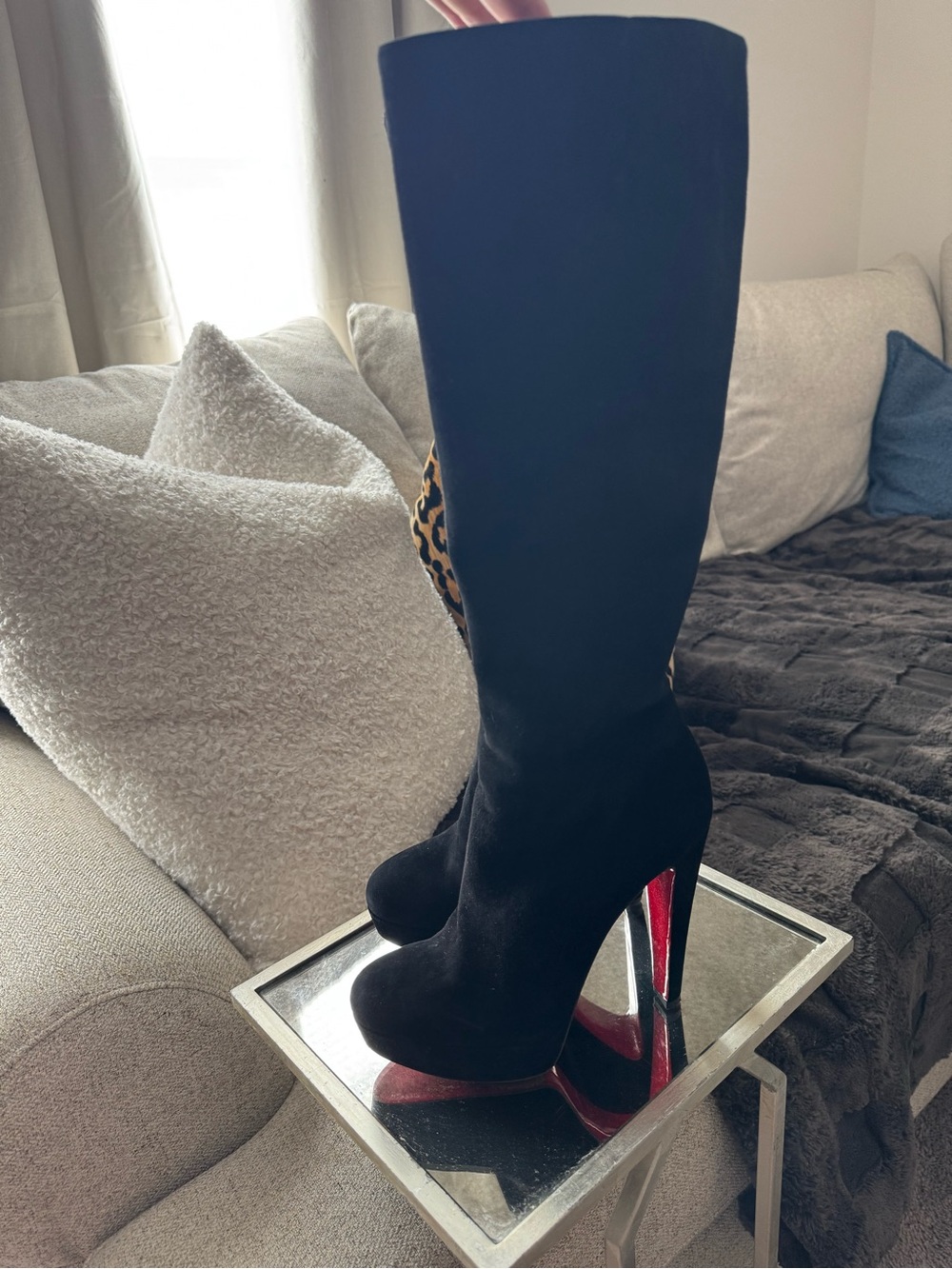 Black Knee-High Platform Boots with Red Heel Christian Loub